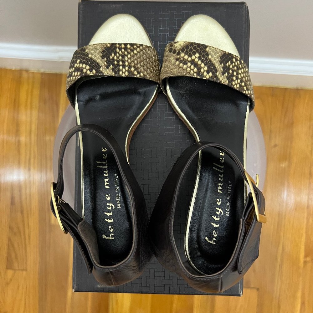 Bettye Muller Bridget Sandals Snake Print Brown Leather Ankle Strap Size EU 35.5